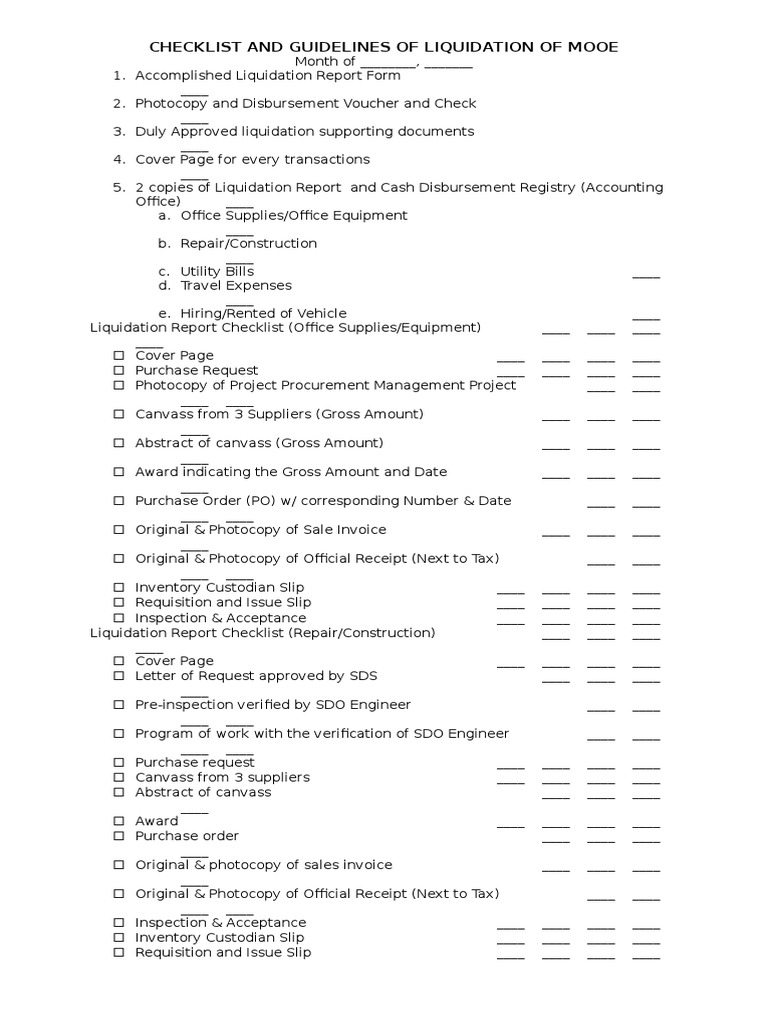 MOOE Liquidation Guidelines Checklist | PDF