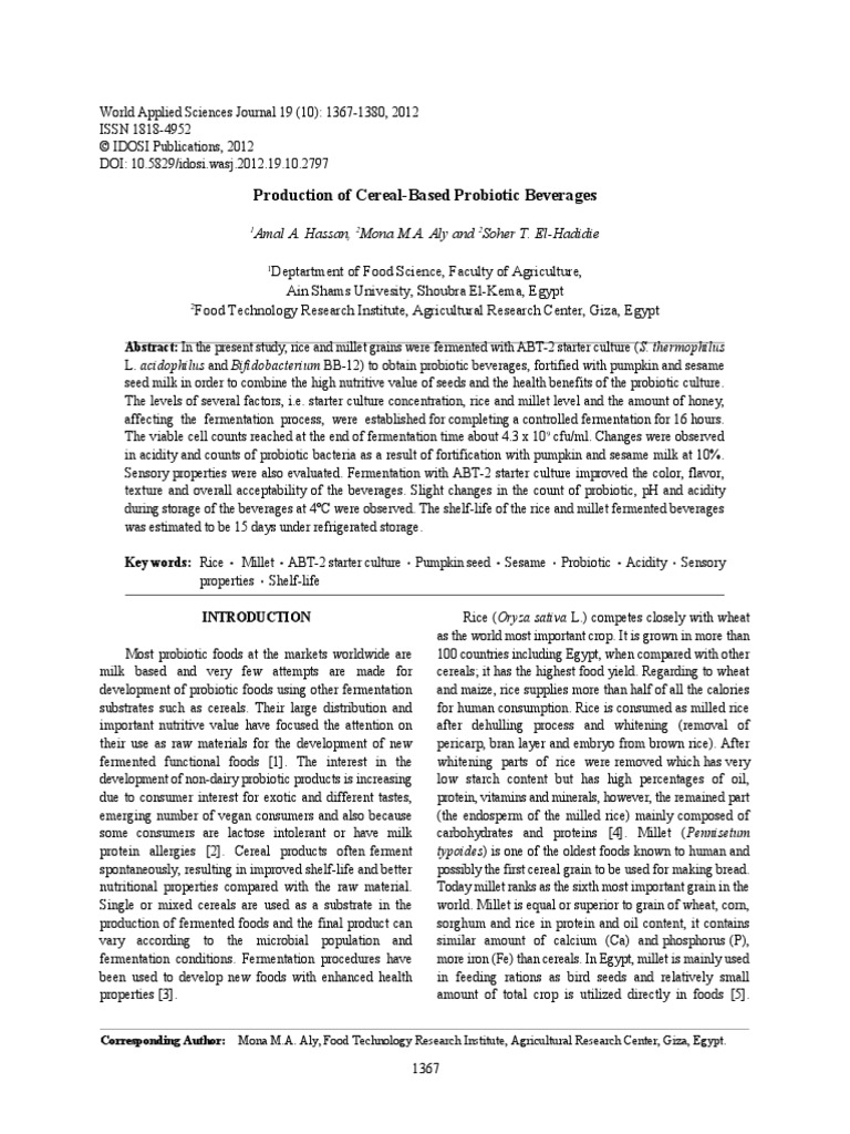 Production of Cereal-Based Probiotic Beverages | PDF | Probiotic | Milk