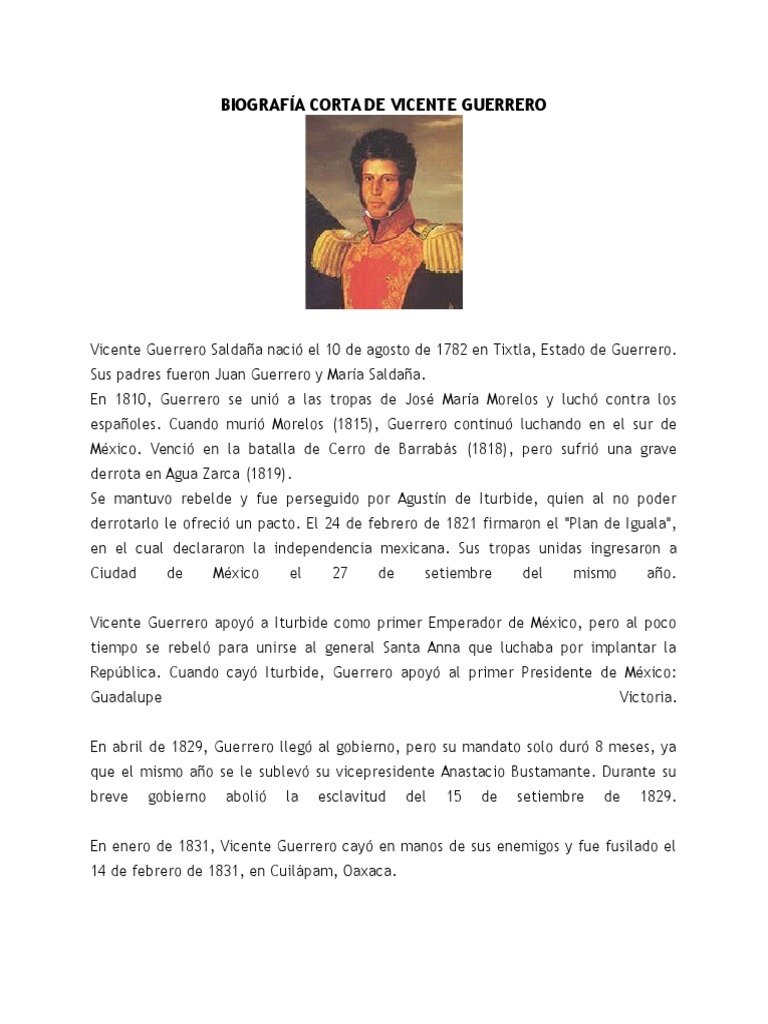 Biografía Corta de Vicente Guerrero