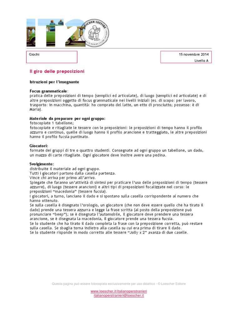 B1 Preposizioni Gioco Pdf
