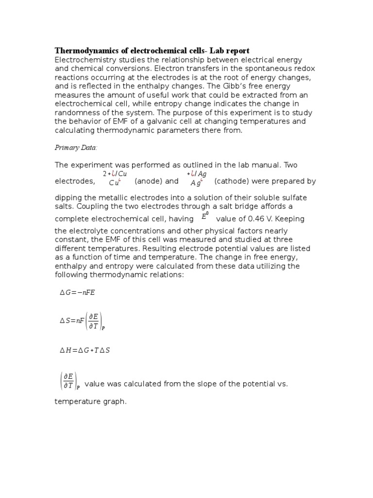 Td of Electrochemical Cells Lab Report Electrochemistry Physical