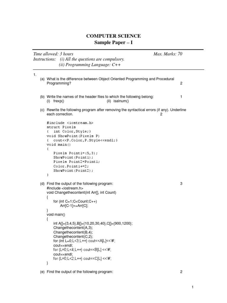 Computer Science Sample Question Paper 1 PDF | PDF | Array Data ...