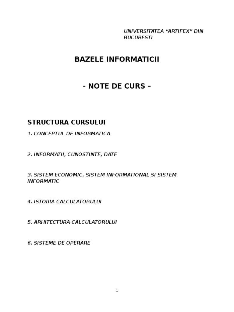 Bazele Informaticii - Note de Curs | PDF