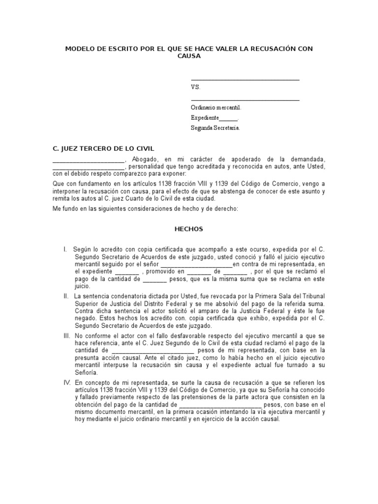 Modelo de Recusación con Causa | PDF | Juez | Evidencia (ley)