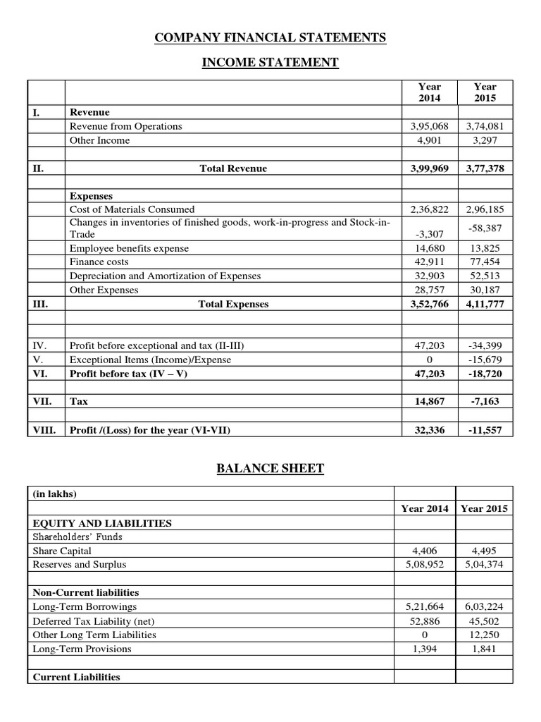 Company Financial Statements Income Statement | PDF