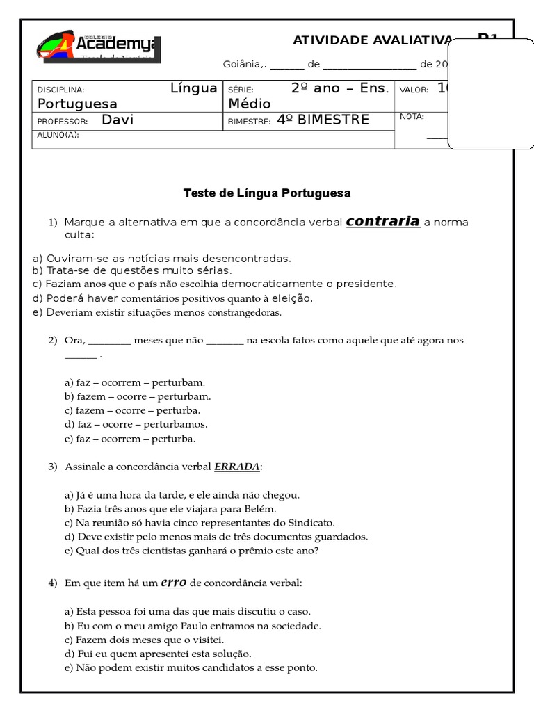 Avaliação de Língua Portuguesa. 4 Bimestre (2 Ano - E. M) - P1 | PDF ...