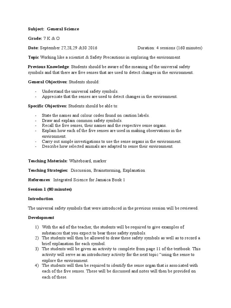 Safety Lesson Plan PDF Senses Science