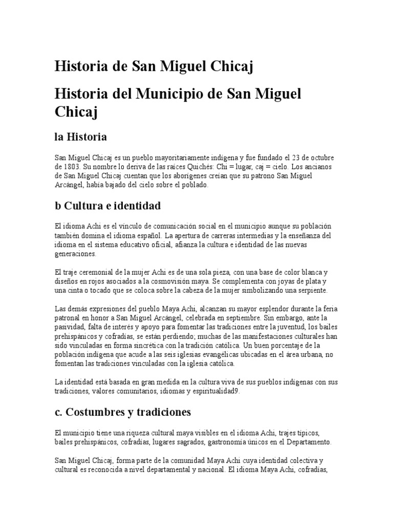 Historia de San Miguel Chicaj PDF Miguel (Arcángel) Cultura de
