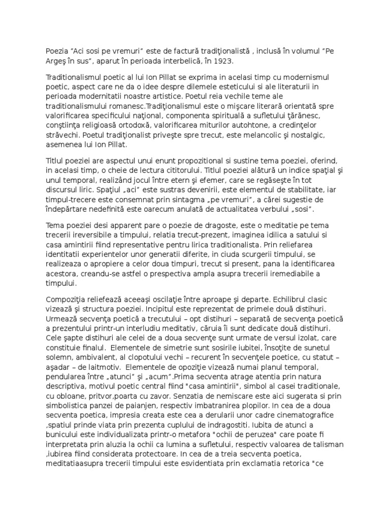 Aci Sosi Pe Vremuri de Ion Pillat - Tema Si Viziunea Despre Lume