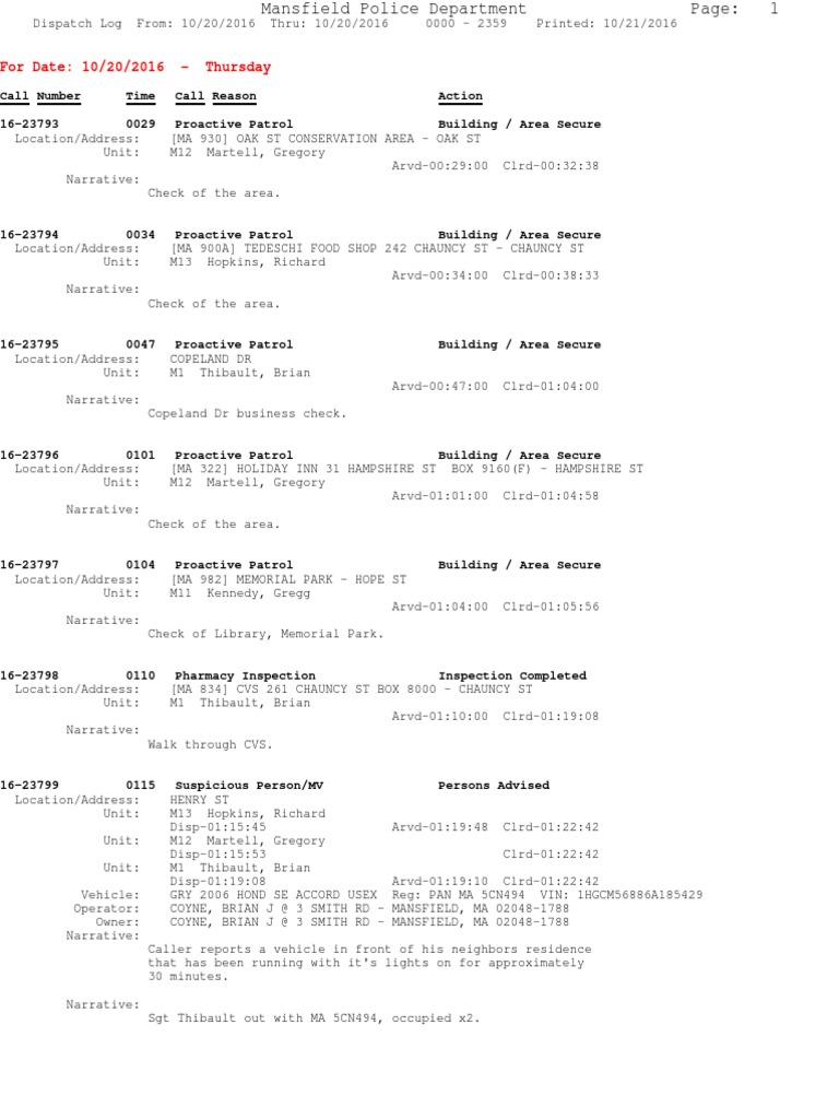Police Log October 20, 2016 | PDF | Road Transport | Land Transport