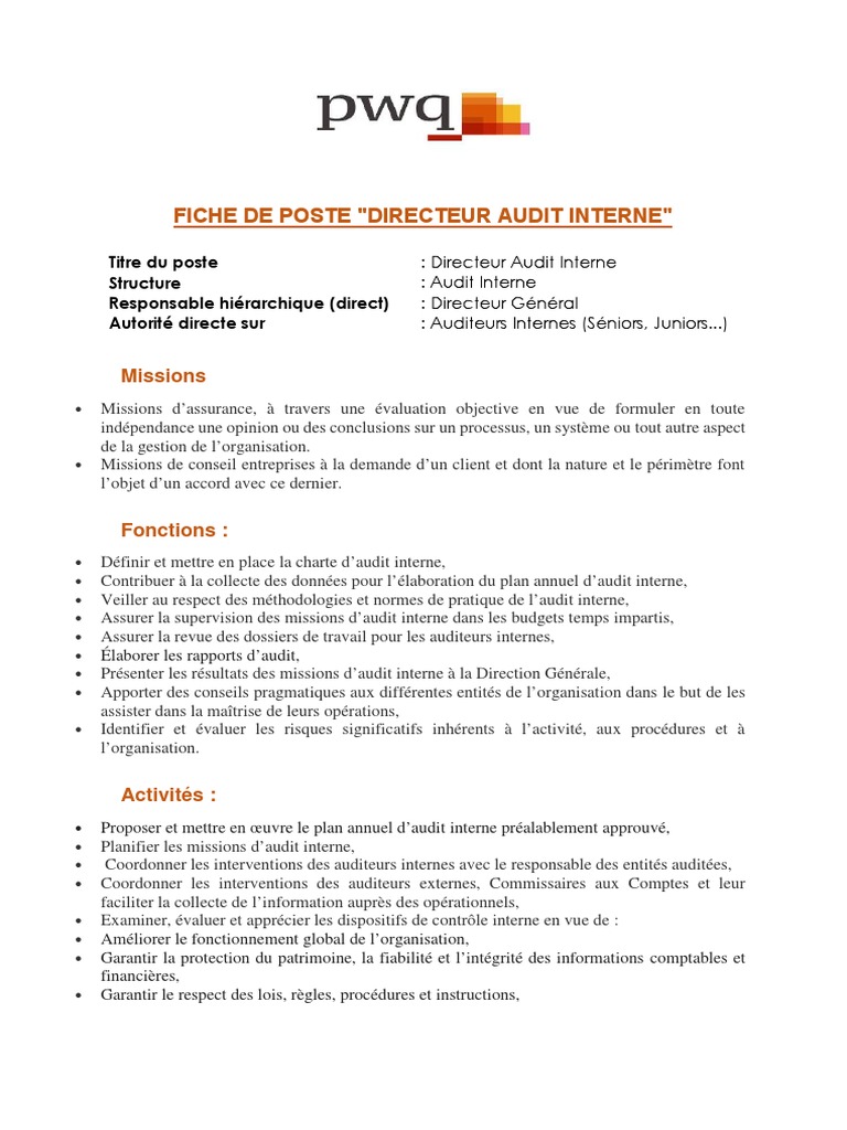 Fiche de Poste Audit interne Audit Fiche de Poste Audit interne Audit