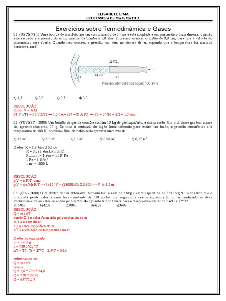 Exercícios Sobre Termodinâmica e Gases | PDF