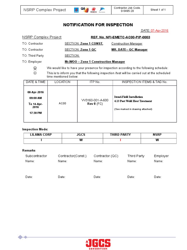 NSRP Complex Project Inspection Notification | PDF