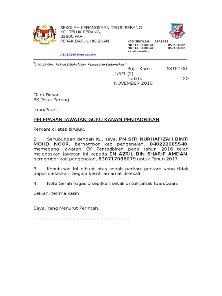 Surat Pelepasan Jawatan Gk