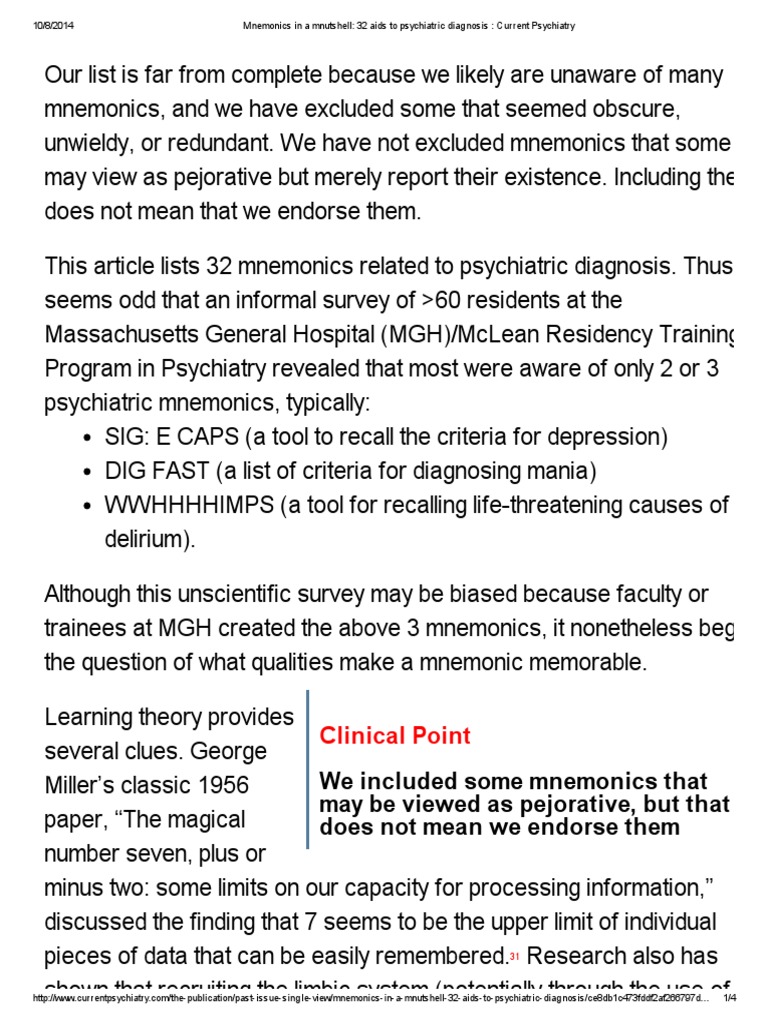 Mnemonics in A Mnutshell 32 Aids To Psychiatric Diagnosis 2 | PDF ...