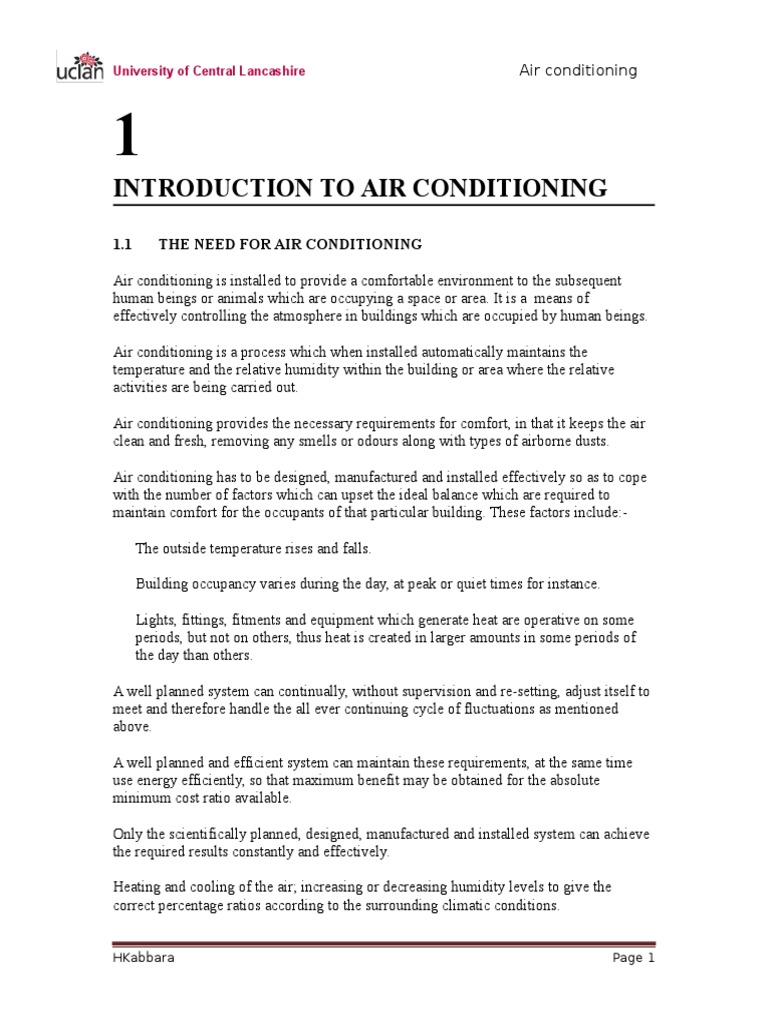 NT 3036 Handout 1 Introduction To Air Conditioning PDF Air