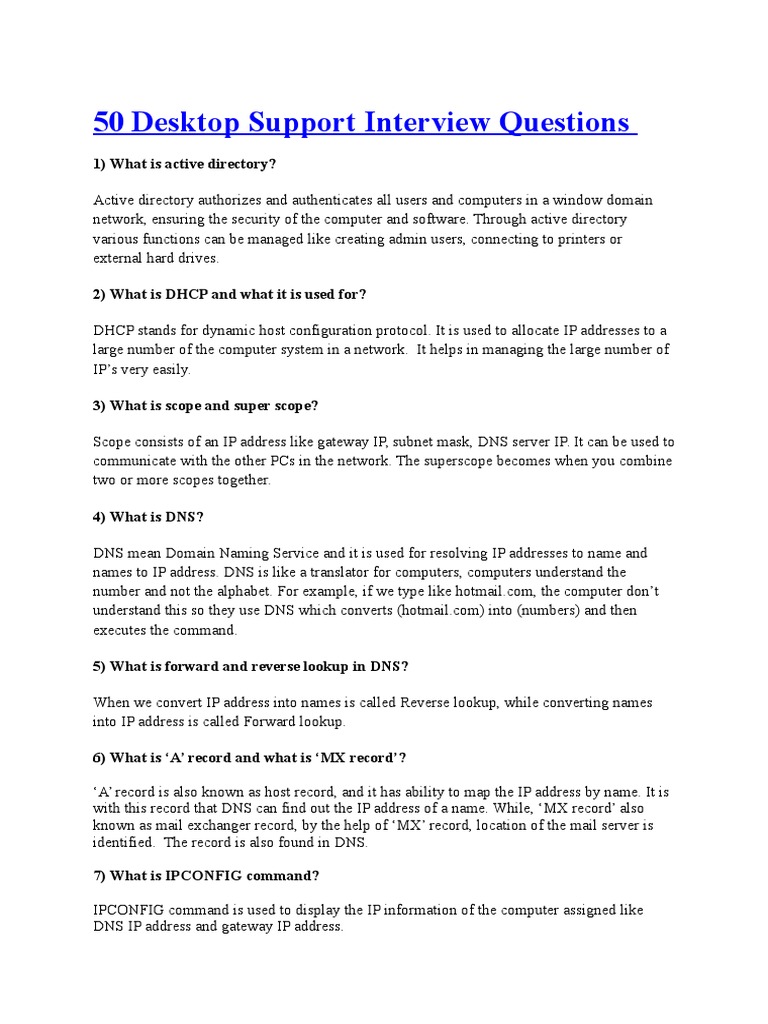50 Desktop Support Interview Questions 1) What Is Active Directory? PDF Domain Name System