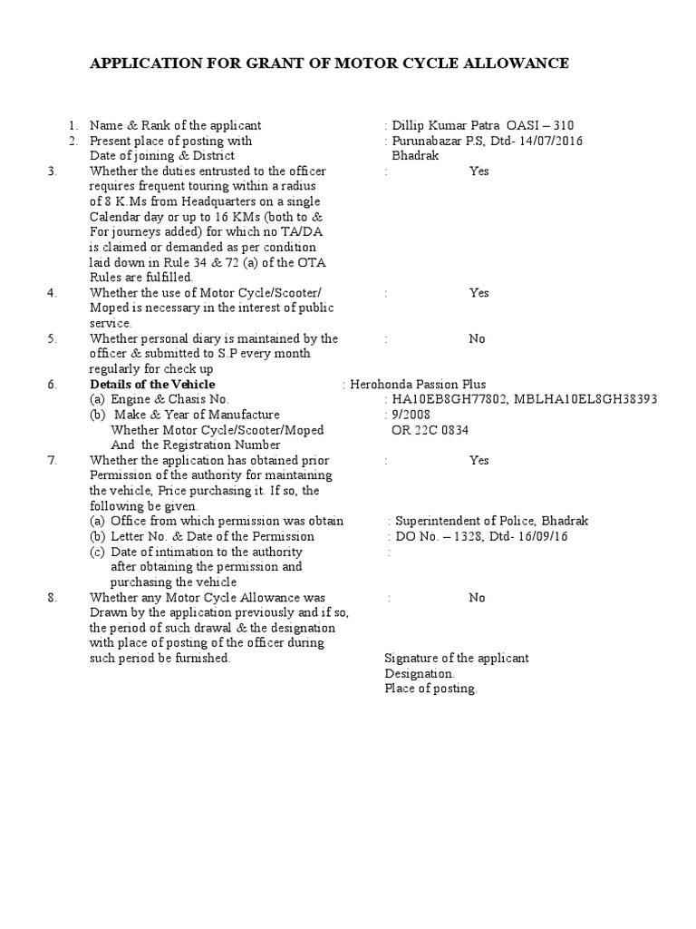 Motorcycle Allowance Application Form | PDF