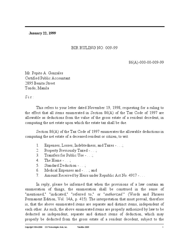 BIR Ruling on Estate Tax Deductions | PDF | Finance & Money Management ...