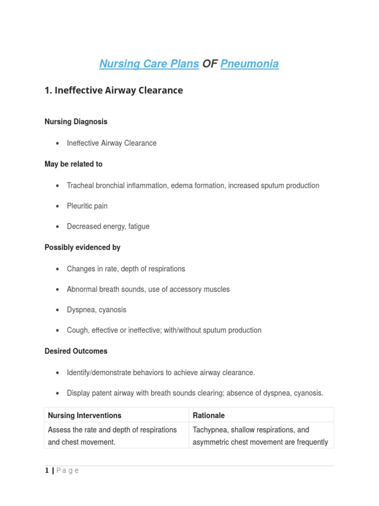 Nursing Care Plan for Pneumonia | PDF | Pneumonia | Cough
