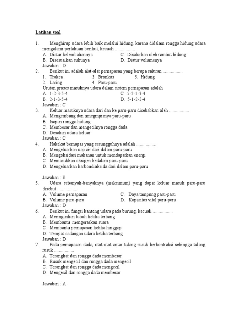 Sistem Pernapasan Pada Manusia Latihan Soal