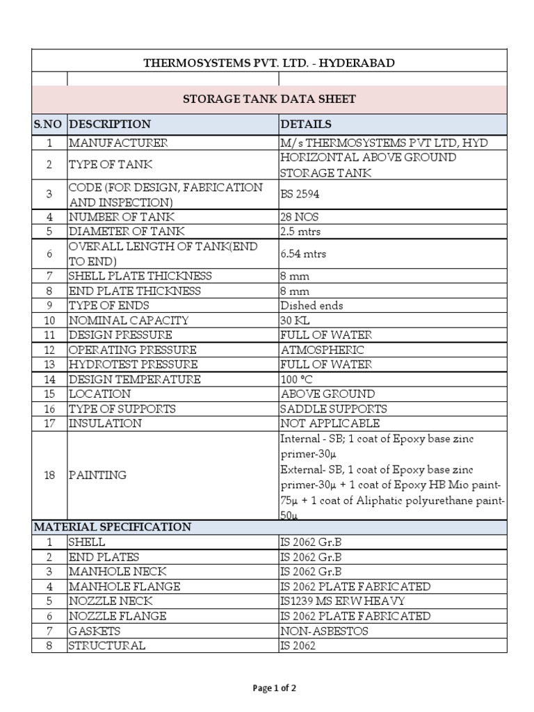 Thermosystems Pvt. Ltd. Hyderabad Storage Tank Data Sheet Page 1 of