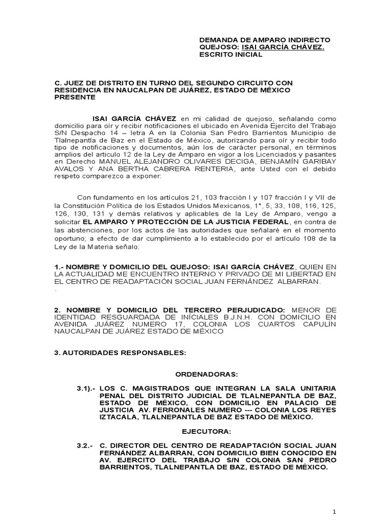 Demanda de Amparo Indirecto Auto de Vinculacion | PDF | Caso de ley ...