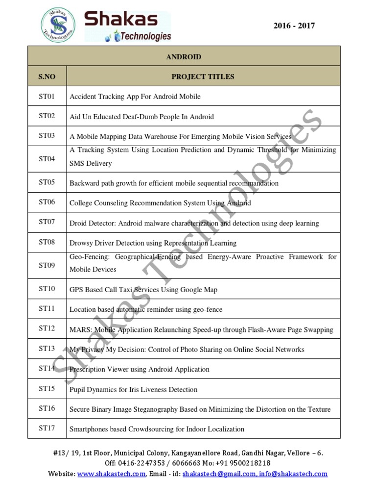 Android Project Titles 2016-2017 | PDF | Technology & Engineering