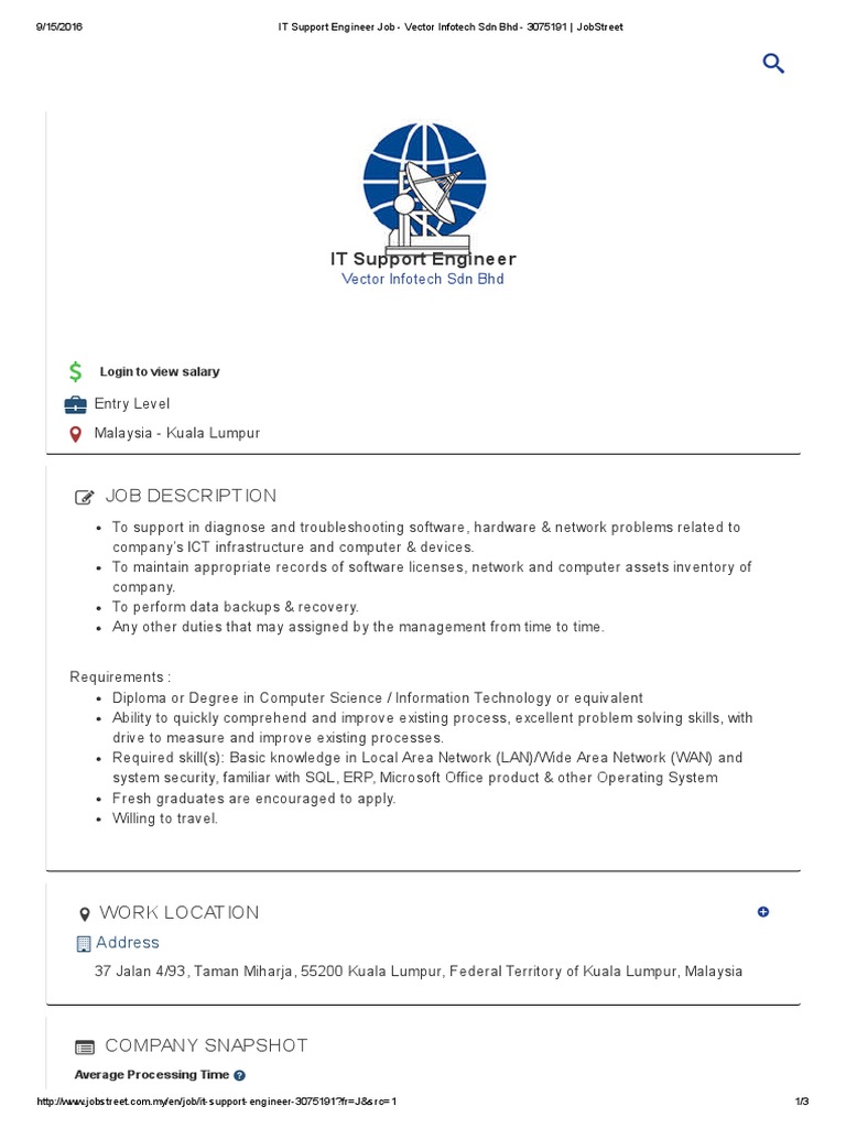 It Support Engineer Job Vector Infotech Sdn Bhd 3075191 Jobstreet Pdf Information Technology Computer Network