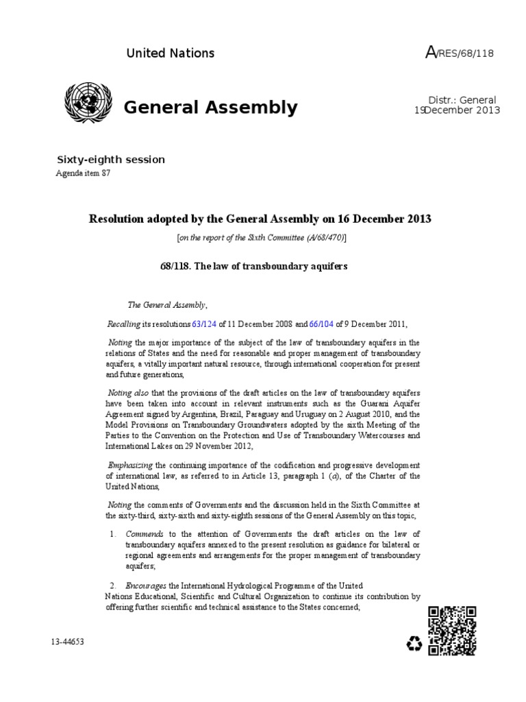 Law of Transboundary Aquifers Resolution | PDF