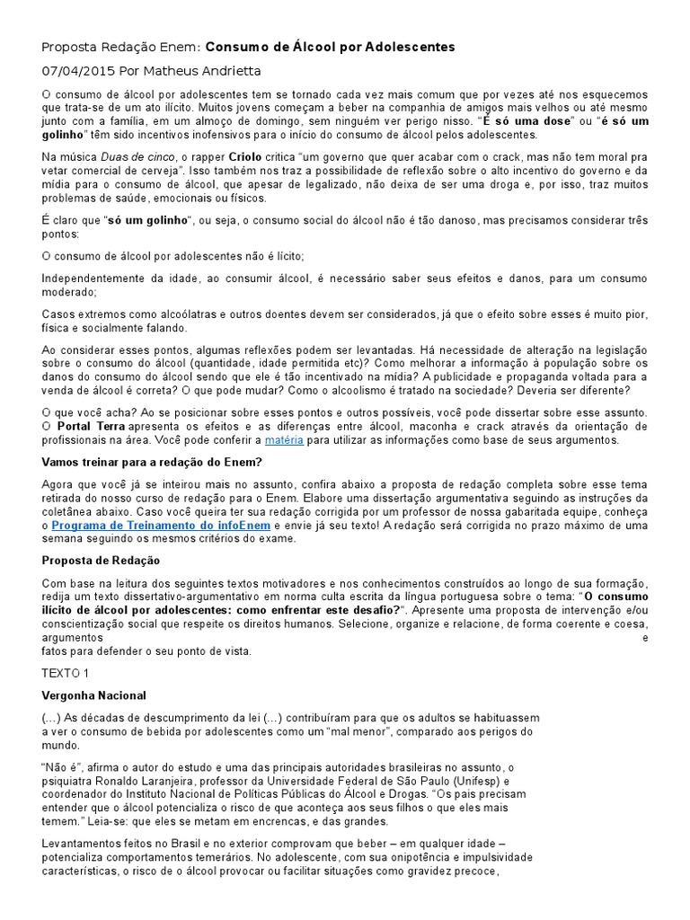 Redação 3º Ano - Alcool | PDF | Alcoolismo | Adolescência