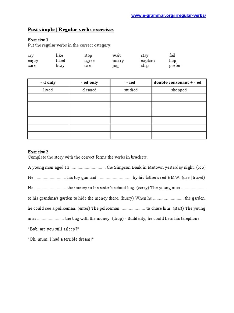 Past Simple Regular Verbs Exercises PDF | PDF | Languages | Language Arts &  Discipline