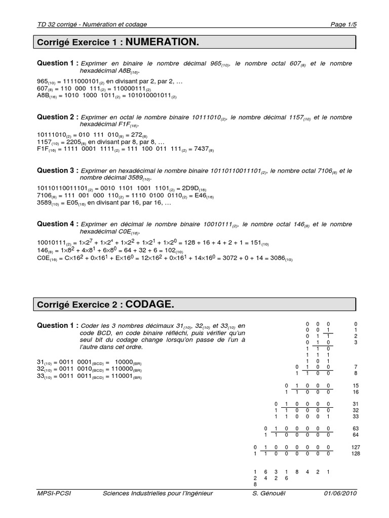 Td 32 Corrige Numeration Et Codage Pdf Decimal Code Binaire Conventions De Nommage