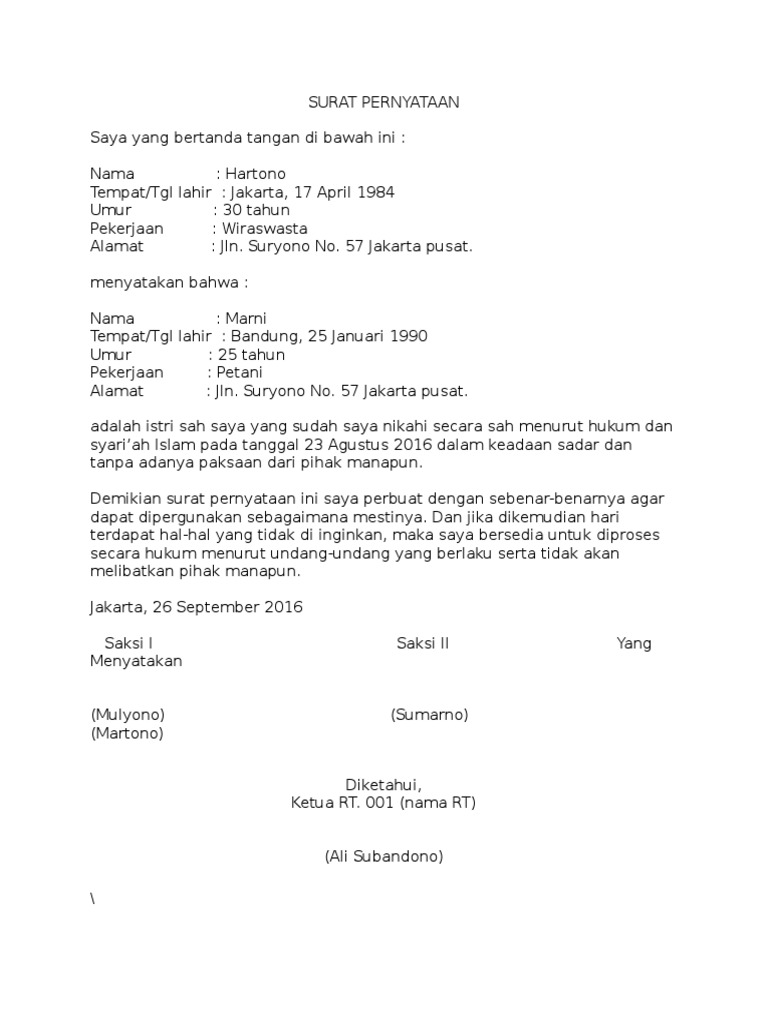 Surat Pernyataan Nikah Siri | PDF