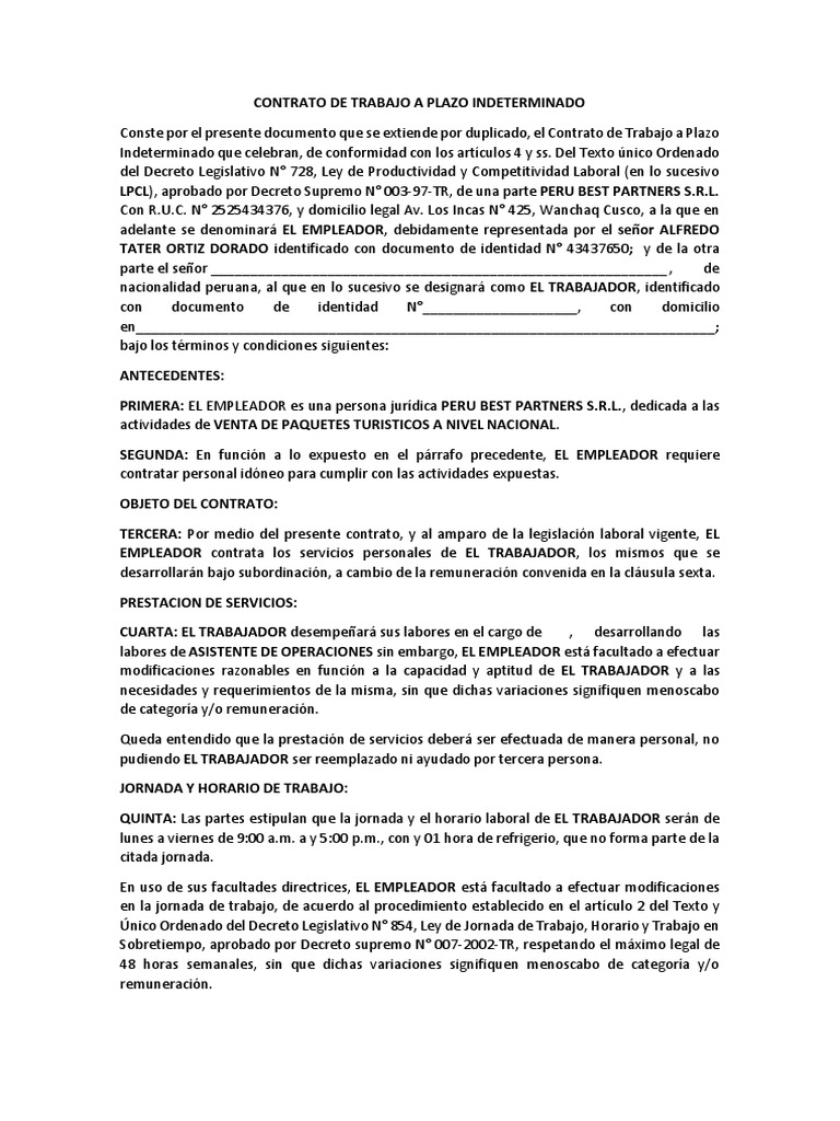 Contrato de Trabajo a Plazo Indeterminado Peru Best