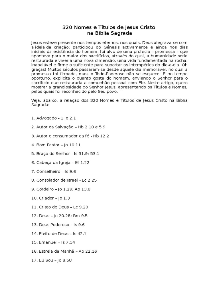320 Nomes e Títulos de Jesus Cristo | PDF | Livro do Apocalipse | Jesus