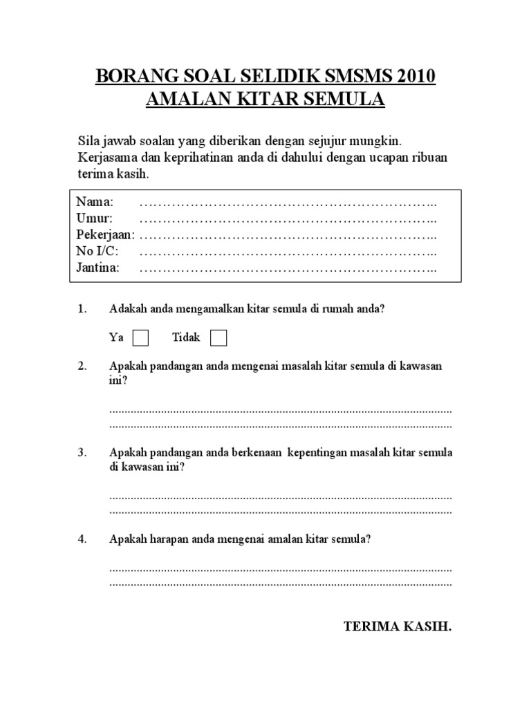 Borang Soal Selidik Smsms 2010 Pdf