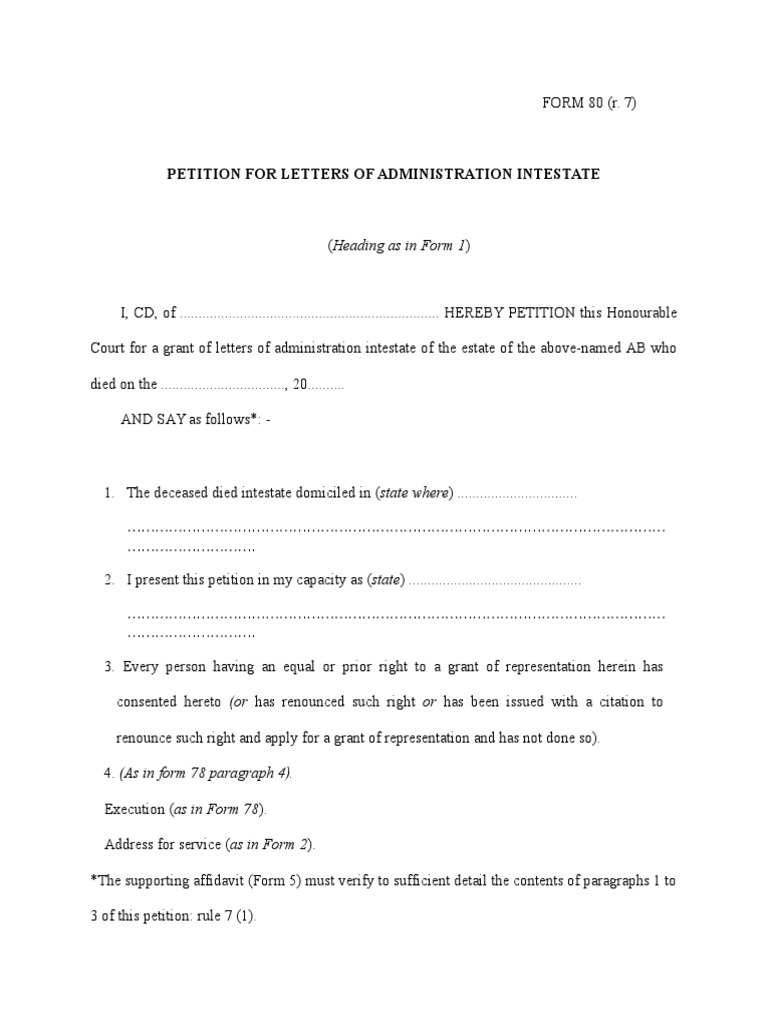Form 80-Petition For Letters of Administration Intestate | PDF | Law