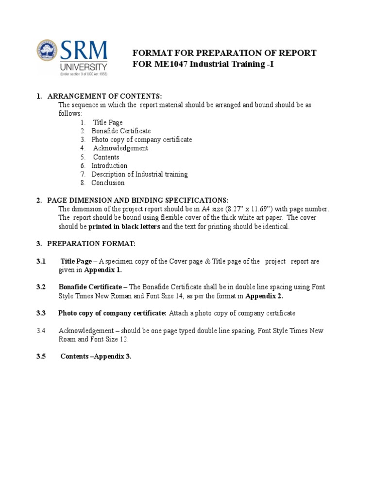 Industrial Training Report Format Guide | PDF | Typefaces | Times New Roman
