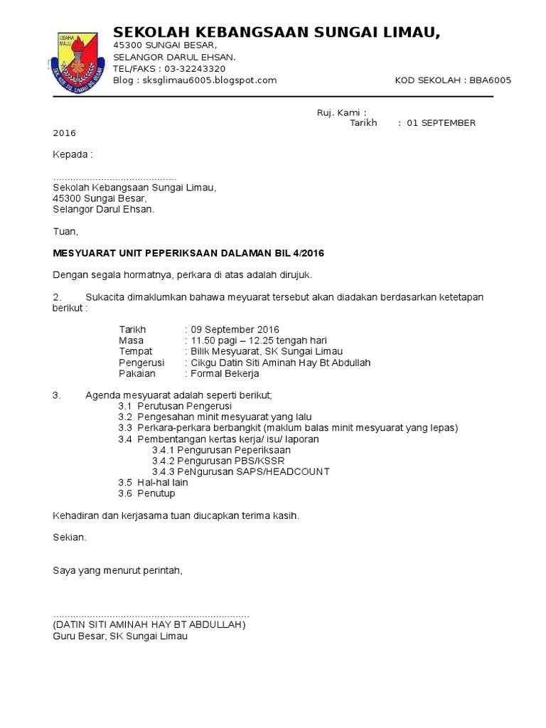 1 Surat Panggilan Mesyuarat Kurikulum Bil 1 2018