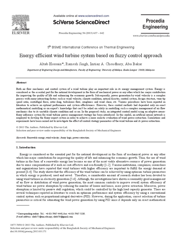Energy Efficient Wind Turbine System Based On Fuzzy Control Approach ...