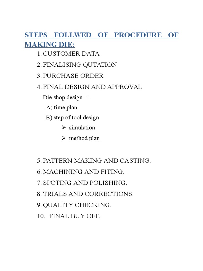 Steps Follwed of Procedure of Making Die | PDF | Casting (Metalworking ...