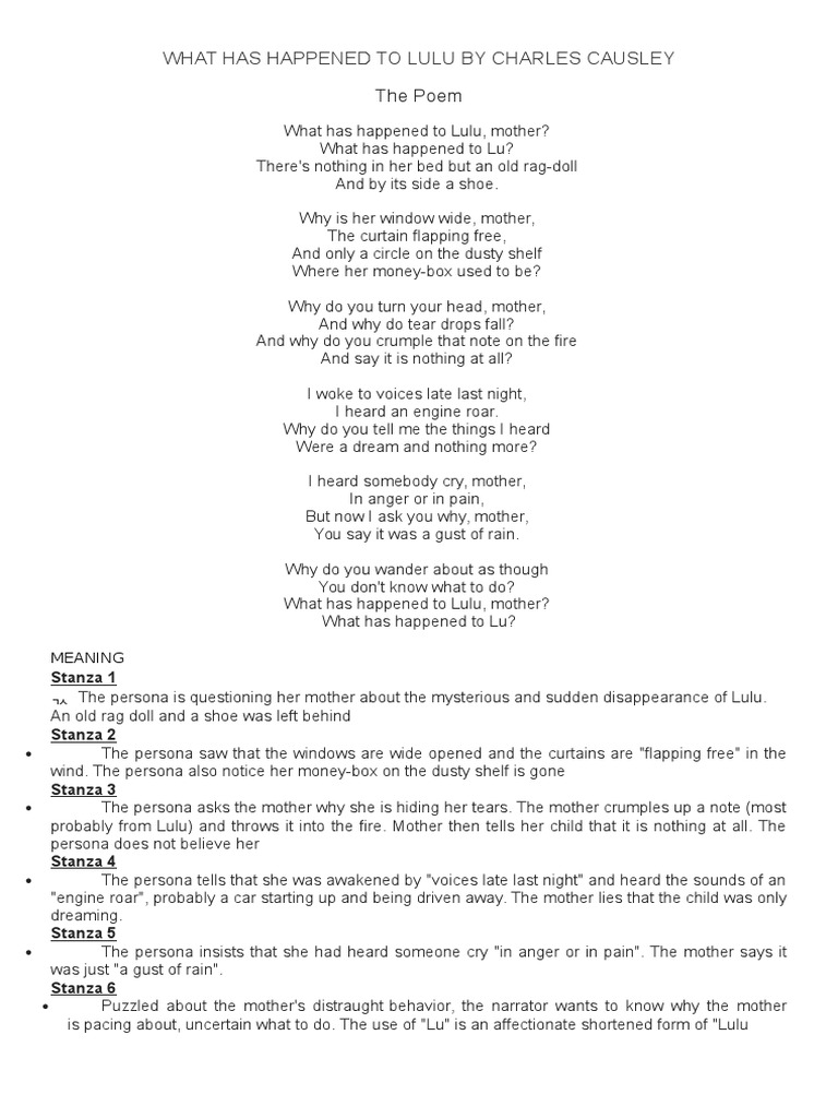 What Has Happened to Lulu by Charles Causley Grief Fiction & Literature