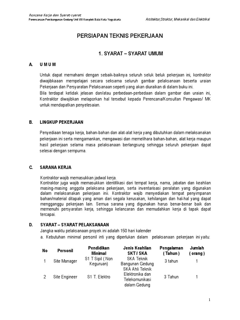 Spesifikasi Teknis 1-Pembangunan Gedung Unit VIII Komplek Balaikota