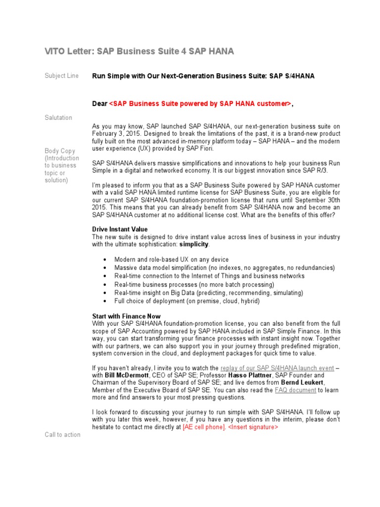 BV Clean VITO Letter S4HANA For SAP Business Suite Powered by SAP