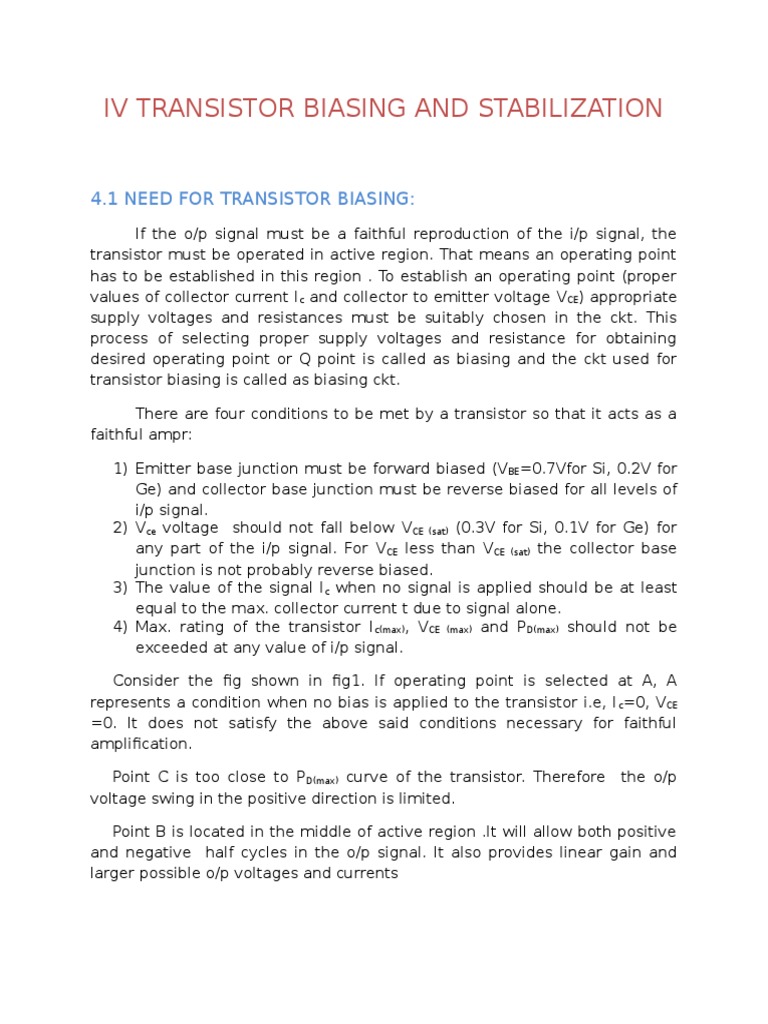 Edc Unit 4 Transistor Biasing PDF Electricity