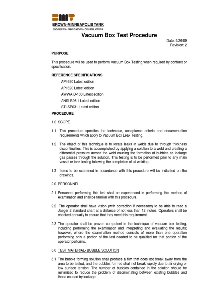 Vacuum Box Test Procedure Purpose PDF Leak Vacuum