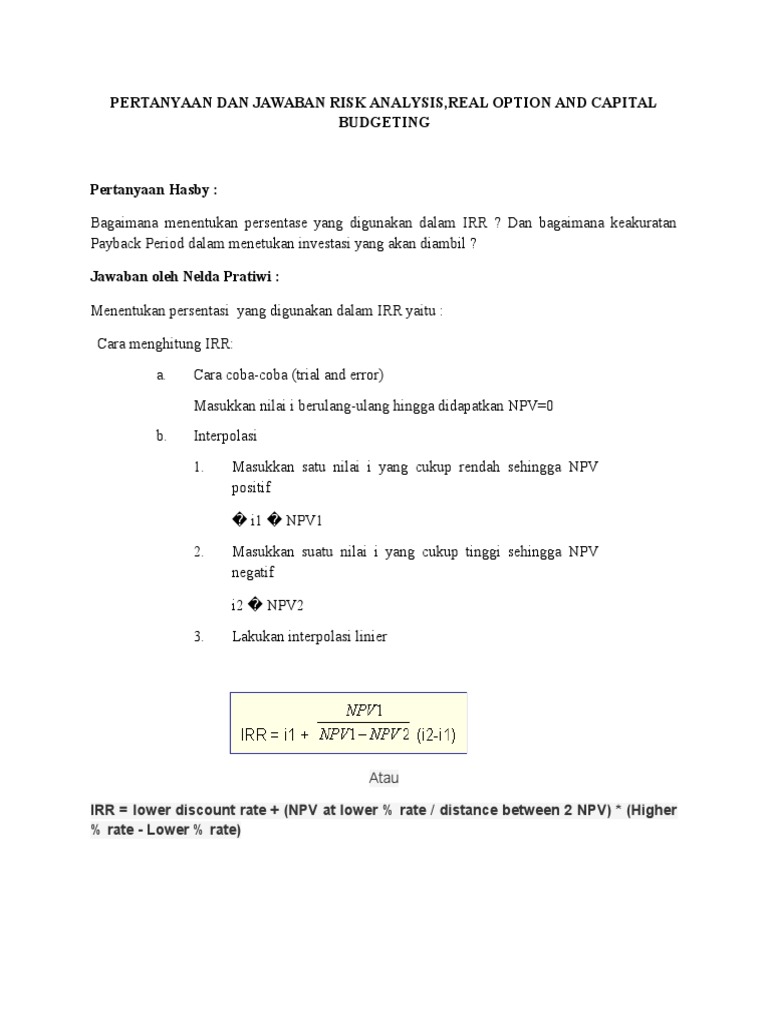 Contoh Soal Npv Irr Payback Period Berbagi Contoh Soal
