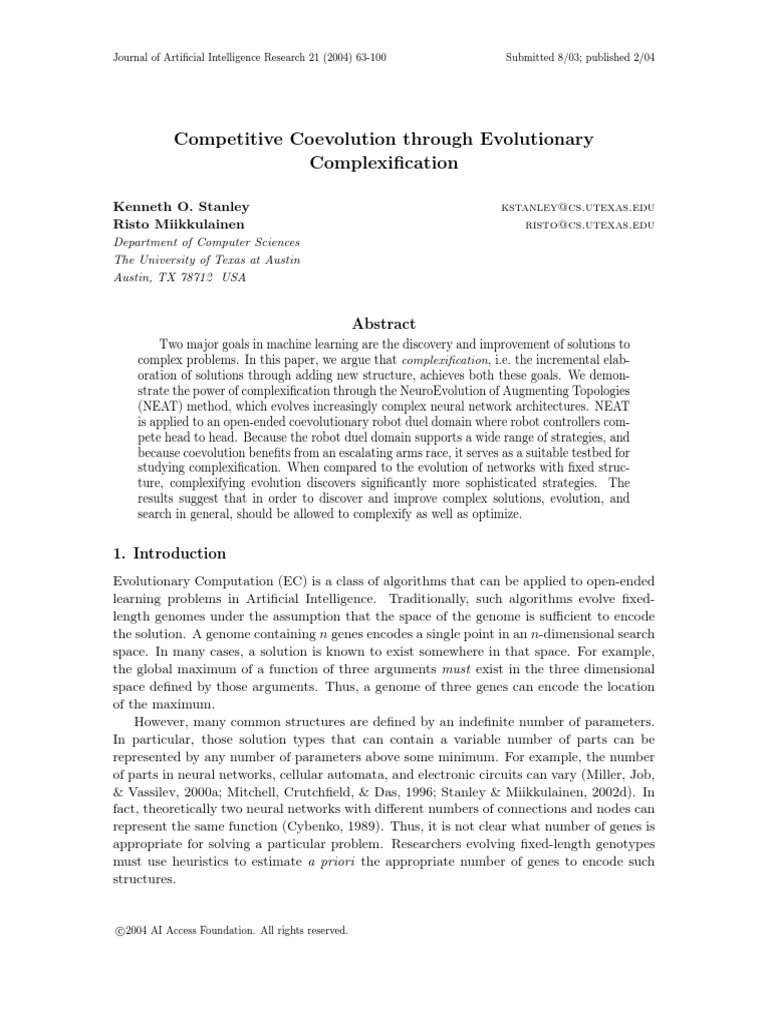 Competitive Coevolution Through Evolutionary Complexification | PDF ...
