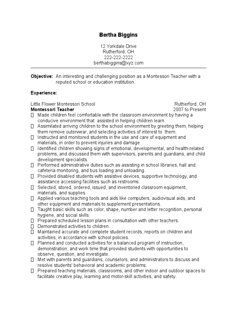 resume for montessori teacher fresher